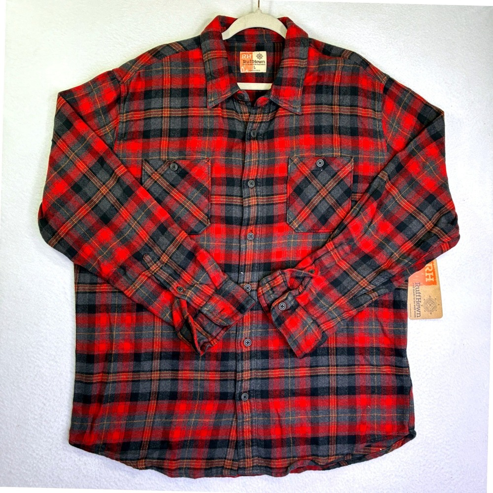 RuffHewn Mens Red Grey Plaid Flannel Button Down Shirt Large NWT